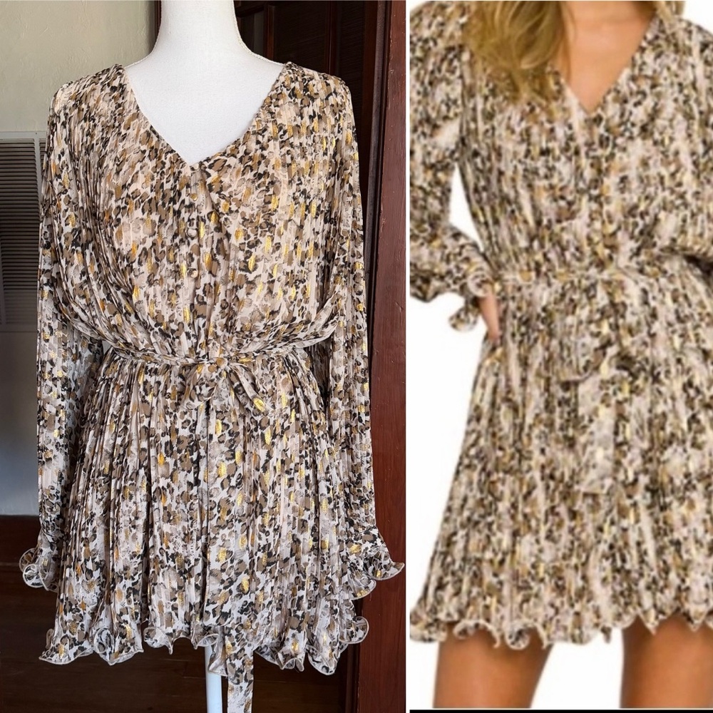 Pleated Leopard Print Mini Dress Metallic Gold Boho Ruffle Cottagecore Sz Small
